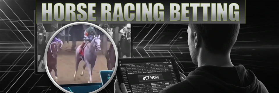 Player sitting in front of the TV that shows Preakness Stakes race, and holding tablet with opened racebook lobby and visible Bet Now button on the screen. On the top is text: Horse Racing Betting Sites.