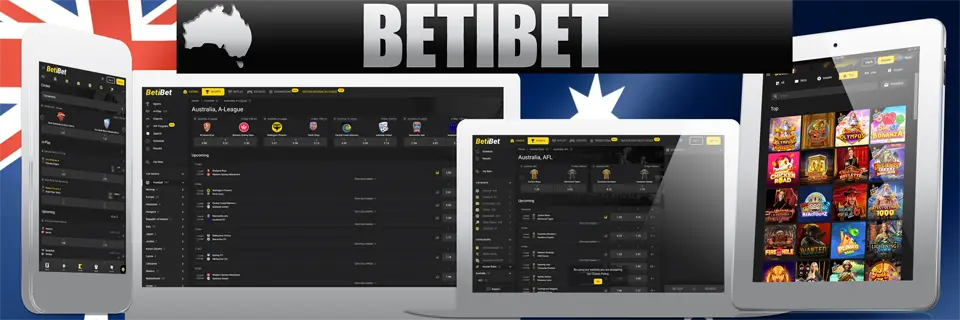 BetiBET text above screenshots of mobile with NCL women cricket match, desktop with A-League, laptop showing AFL betting lobby, and casino lobby with top slots