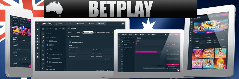 Australian flag as a background and BetPlay text above screenshots of the AFL betting lobby, Australian Open odds, Brisbane Lions vs Western Bulldogs details, and favourite slots placed inside mobile, PC monitor, laptop and tablet