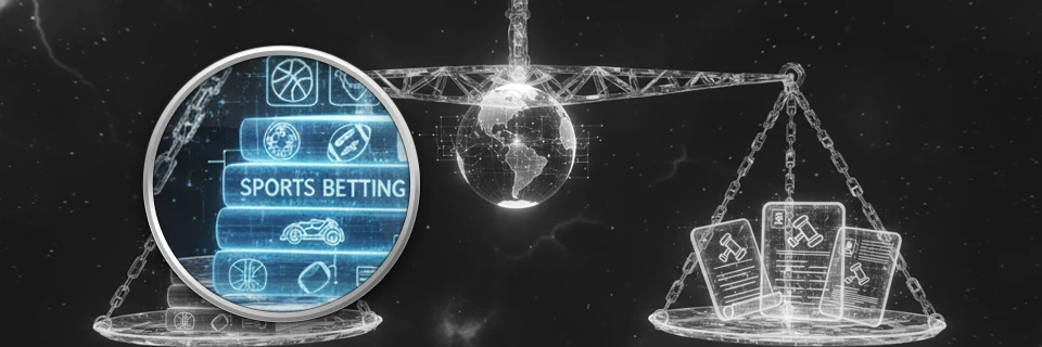 Futuristic balance with sports betting books on the left side and gambling laws on the right side.