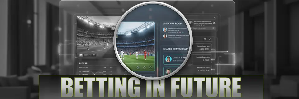 Betting in future text with magnified futuristic betting lobby that shows soccer stream, live chat between bettors, and shared betting slip in color.