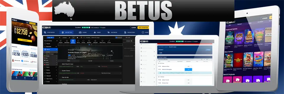 Australian flag as a background and BetUS text above screenshots of the W-League betting lobby, casino, cricket Big Bash odds, and latest slots placed inside mobile, PC monitor, laptop and tablet