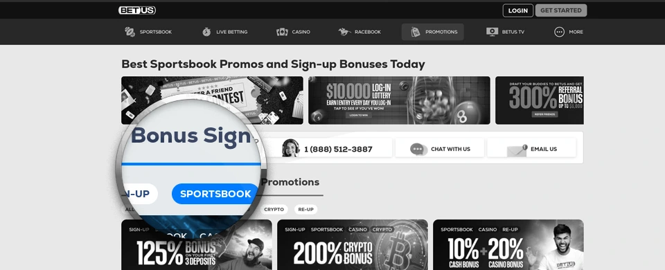 Greyscale bonuses and prizes from BetUS with magnifier enlarging sportsbook bonus text