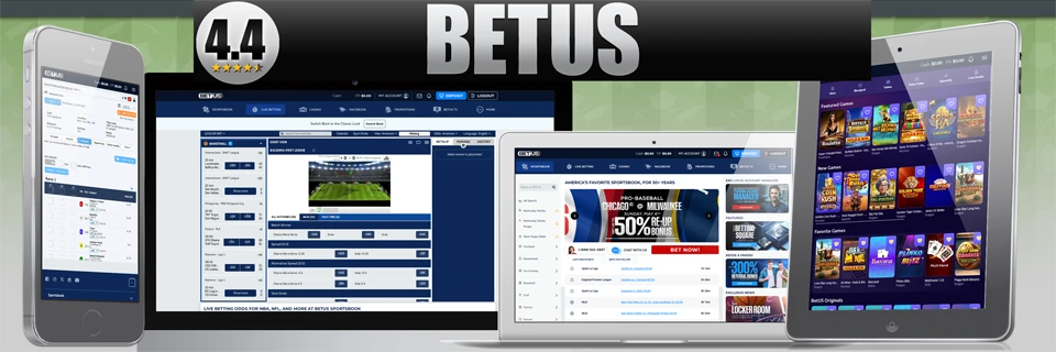 4.4 rating and BetUS text above screenshots of racebook, live betting lobby, sportsbook, and casino pages placed inside mobile, PC monitor, laptop and tablet