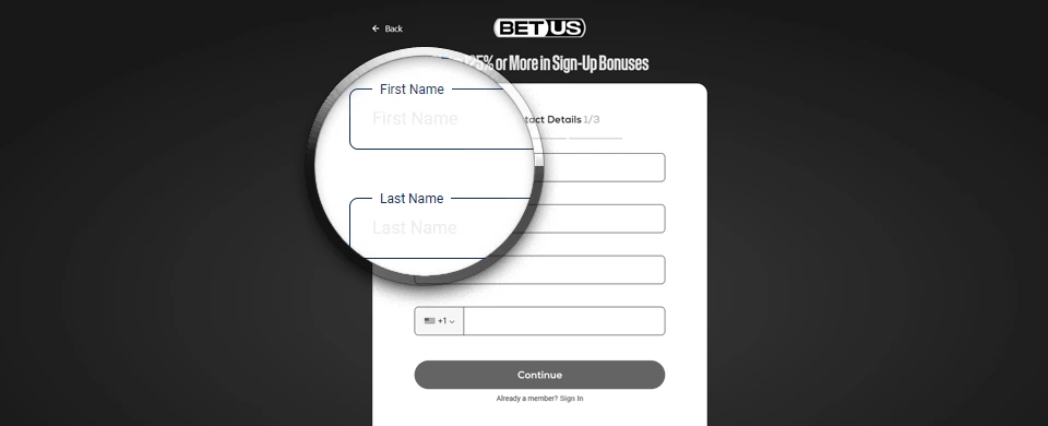 Registration form for USA players with the magnifier enlarging first and last name