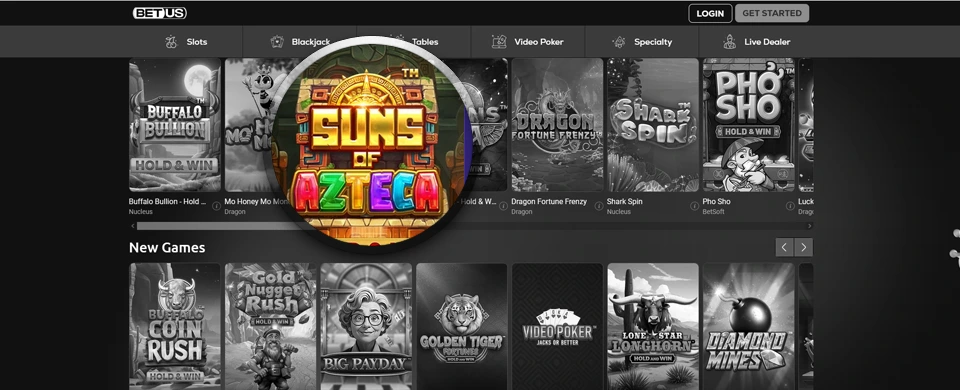 Casino lobby in black and white with enlarged Suns Of Azteca slot in color