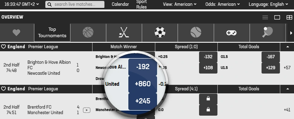 Live betting lobby in greyscale with enlarged 1X2 odds for Brighton & Hove Albion vs Newcastle match in color