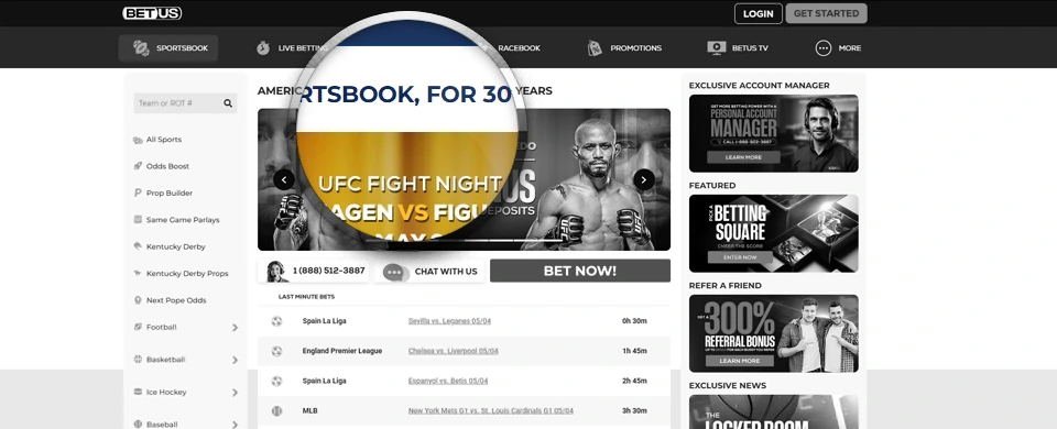 Betting lobby in black and white colors with enlarged UFC Fight Night in color