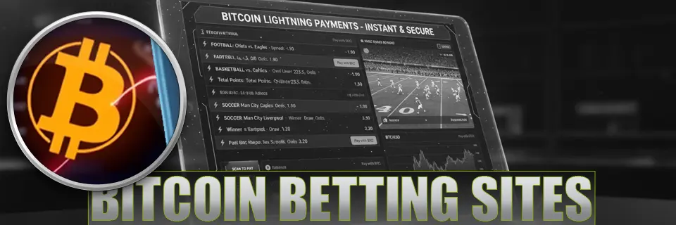 Orange Bitcoin logo on the left. In the middle is a futuristic sports betting lobby with enabled Bitcoin Lightning network payments, and American football game live stream. On the bottom is text: Bitcoin Betting Sites.