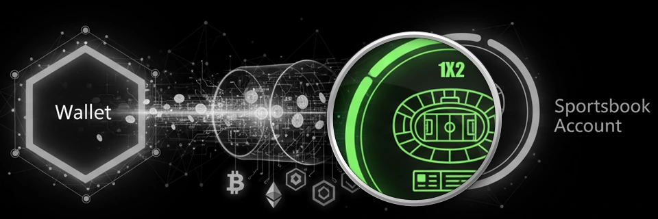Crypto wallet with BTC and ETH logos on the left side, and magnified stadium and 1X2 text colored in green on the right side.