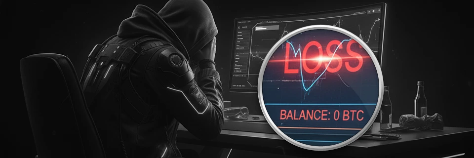 Player with gambling problem in front of the monitor showing red color LOSS message, BTC balance 0 and desk with bottles.