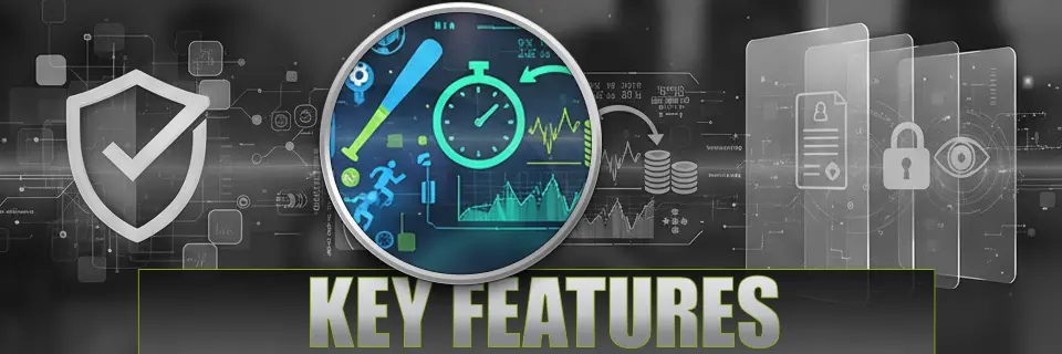 Key Features text with magnified baseball bat, stopwatch, runners, and chart.