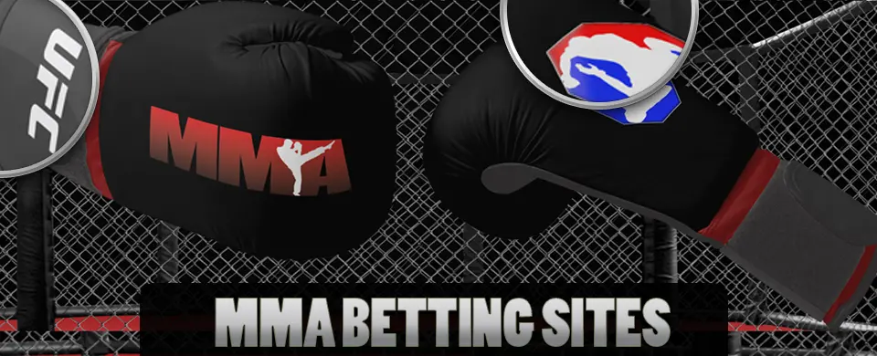 Fighting gloves with UFC logo and MMA betting sites text