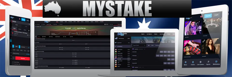 MyStake text above screenshots of betting slip with SE Melbourne Phoenix vs Perth Wildcats game, ABL baseball match Perth Heat vs Sydney Blue Sox, racebook, and live casino lobby.