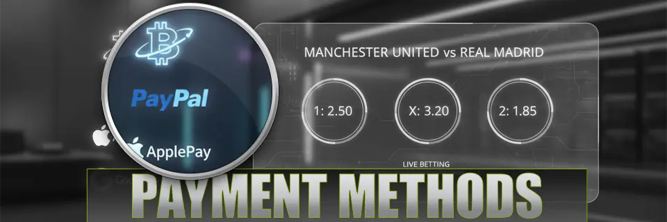 Payment Methods text with magnified logos of Bitcoin, PayPal, ApplePay, and 1X2 odds for Manchester United vs Real Madrid.