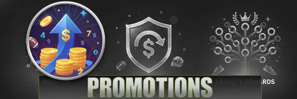 Promotions text with magnified golden coins, dollar sign, and sparkly numbers in color. Also contains cashback and loyalty rewards illustrations in grayscale.