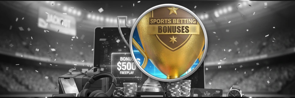 Golden trophy featuring the text sports betting bonuses, VIP rewards, prizes, and $500 free play.
