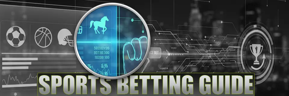 Sports Betting Guide text above grayscale screen with soccer and basketball balls, American football helmet, and horse in color.