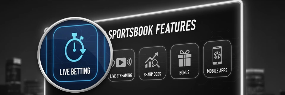 Illustrations of sportsbook features: live betting as a stopwatch, live streaming as a video player, sharp odds as a graph, bonus as a gift box, and mobile apps as a smartphone.